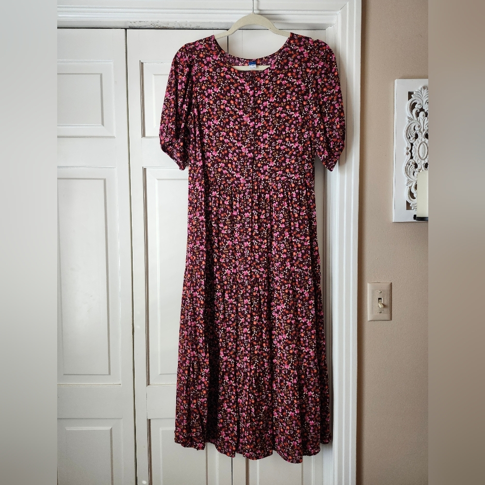 Floral Burgundy and Pink Floral Midi Dress